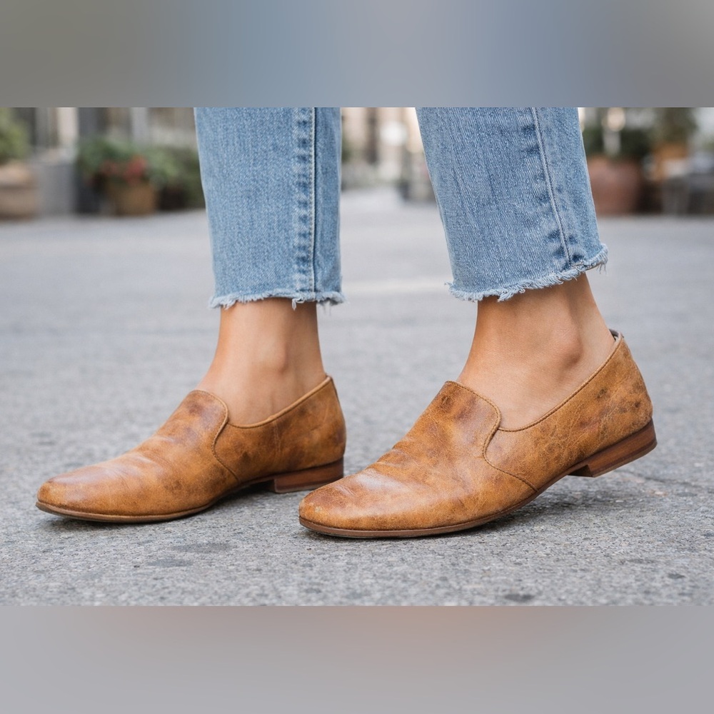 Frye Ashley Cognac Leather Slip On Loafers Distressed Patina Size 6.5